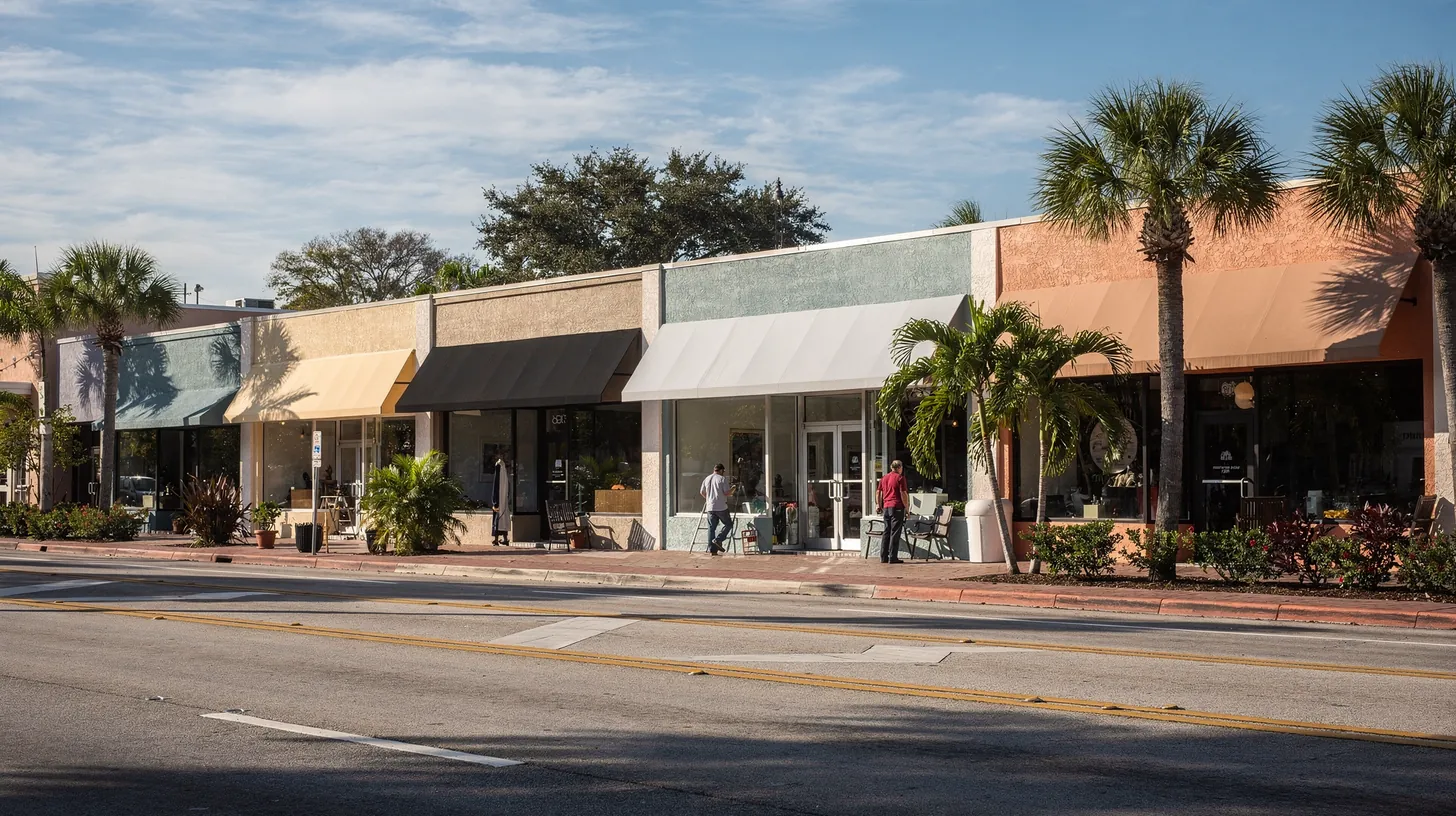 A row of small storefronts with plain awnings on a sunny boulevard lined with palms, seen from across the street