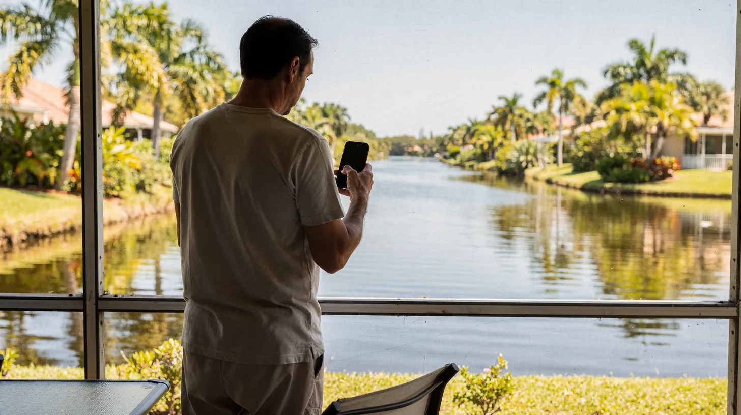 A homeowner on a screened lanai holding up a phone, seen from behind, a canal and palms beyond