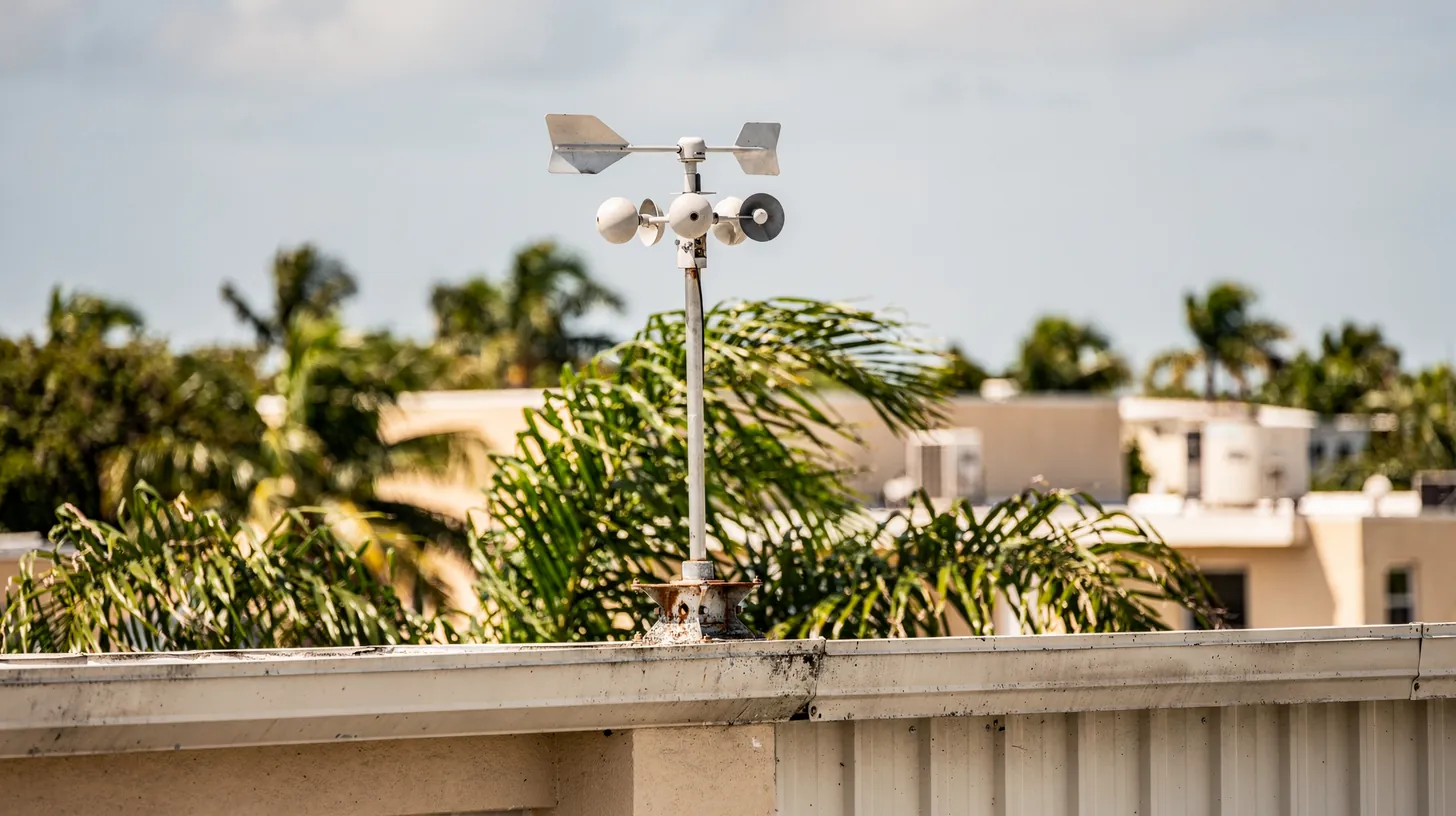 A weather station with a wind vane and cup anemometer on a flat roof, palm tops and buildings behind