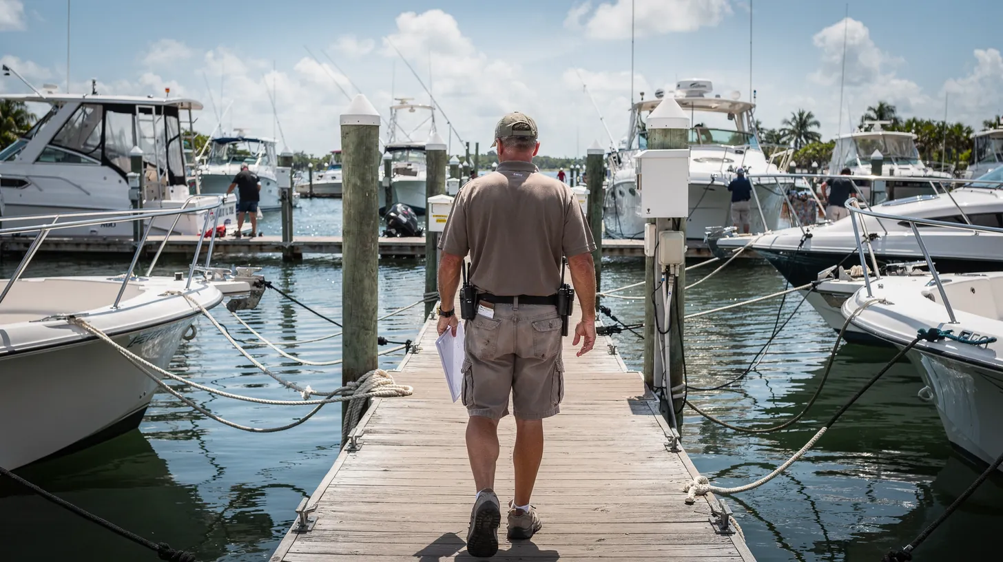 A dockmaster walking down a marina dock between moored boats, seen from behind