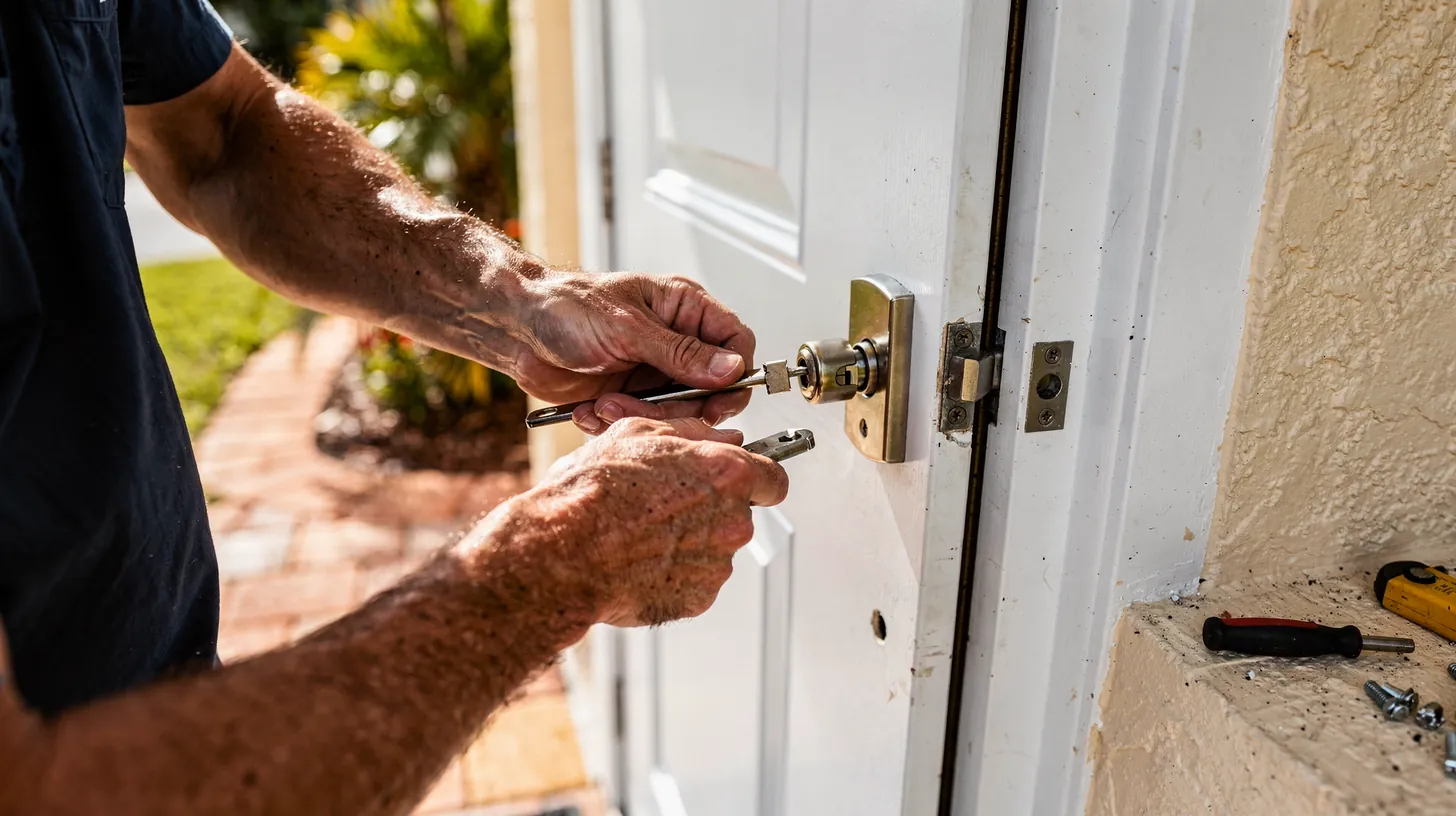A locksmith fitting a new deadbolt into a white front door, a screwdriver resting on the ledge beside it