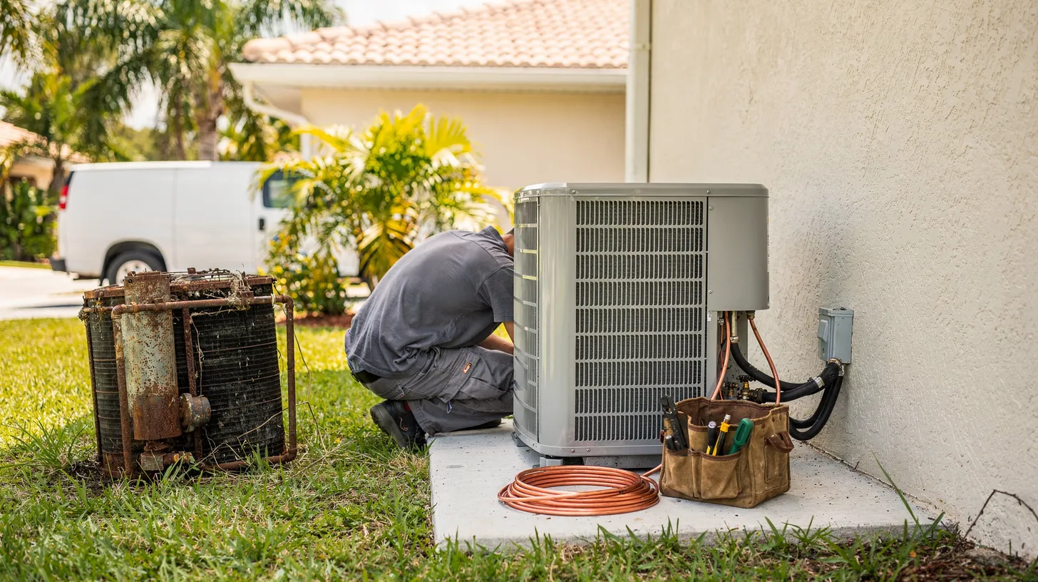 A technician in a gray work shirt kneels beside a new air conditioning condenser on a concrete pad at a Southwest Florida home, with the old rusted unit on the grass, a coil of copper line and a tool bag in front, and a white van beyond the palms.