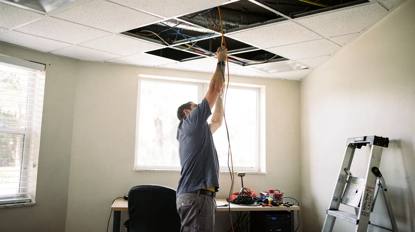 A technician reaching up into an open ceiling to trace a cable in a small office, seen from behind