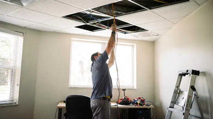 A technician reaching up into an open ceiling to trace a cable in a small office, seen from behind