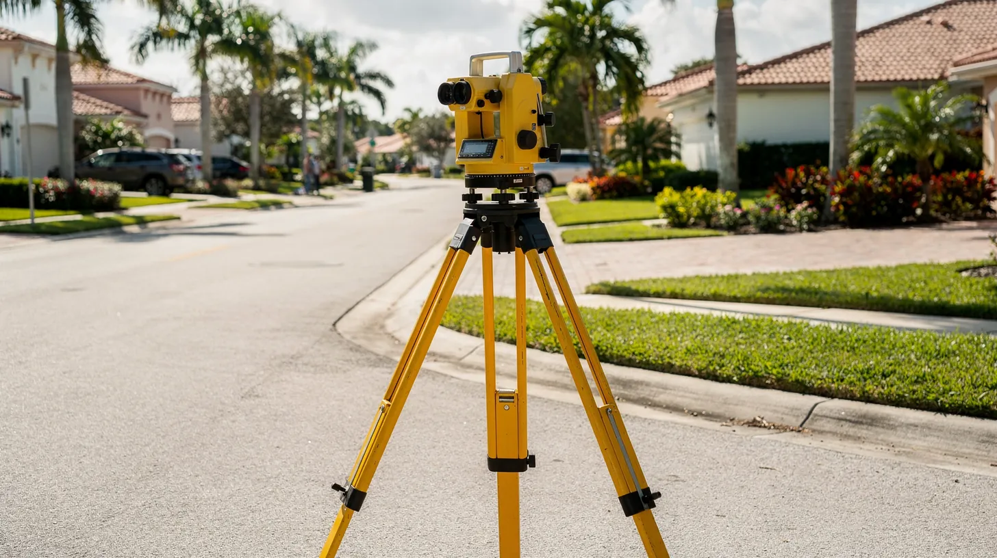 A yellow surveying instrument on a tripod set up at a corner of a quiet palm-lined residential street