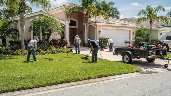 A landscaping crew trimming and edging the front lawn of a stucco home, a trailer of mowers at the curb