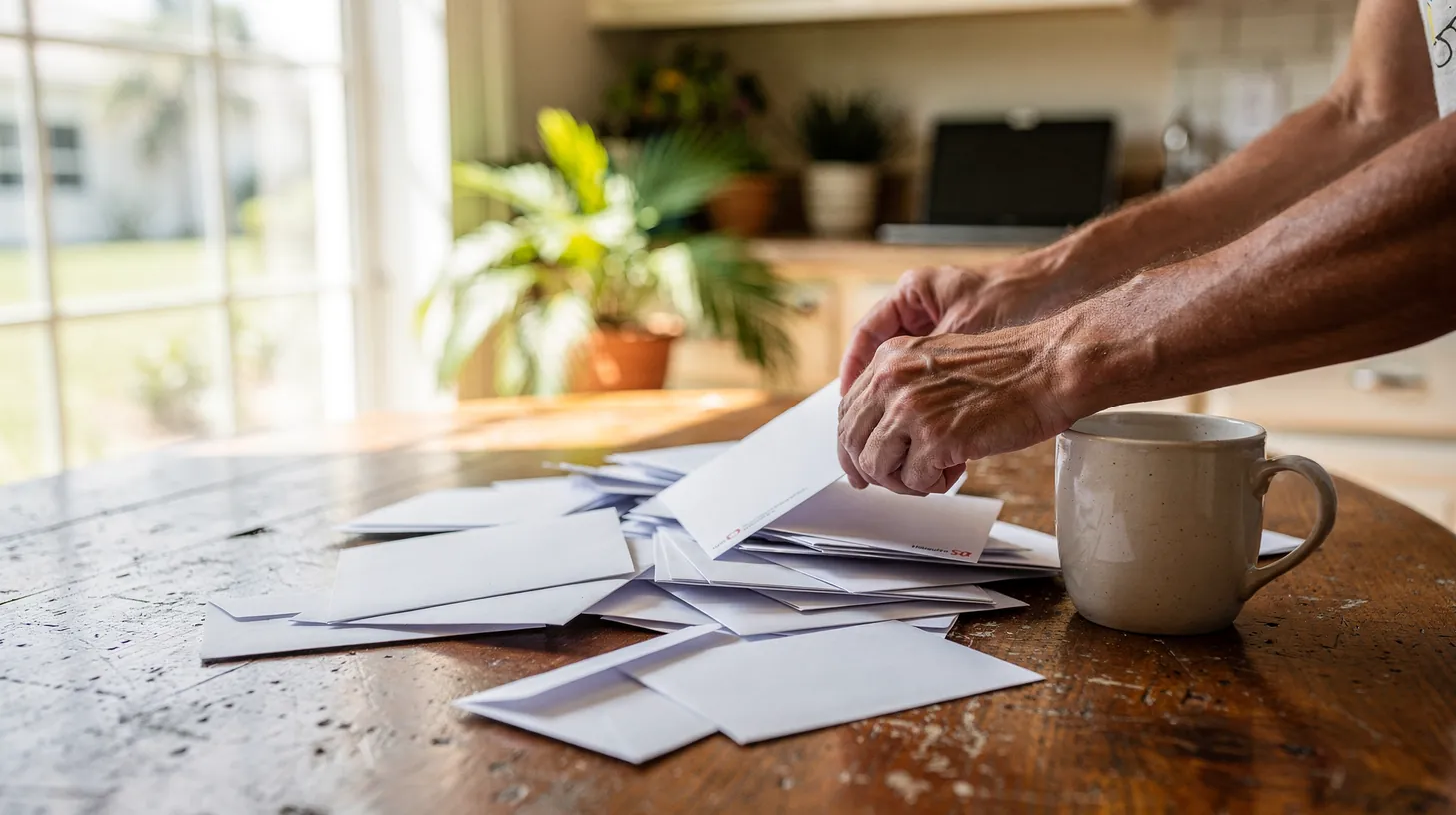 Hands sorting a pile of plain envelopes on a wooden kitchen table beside a coffee mug