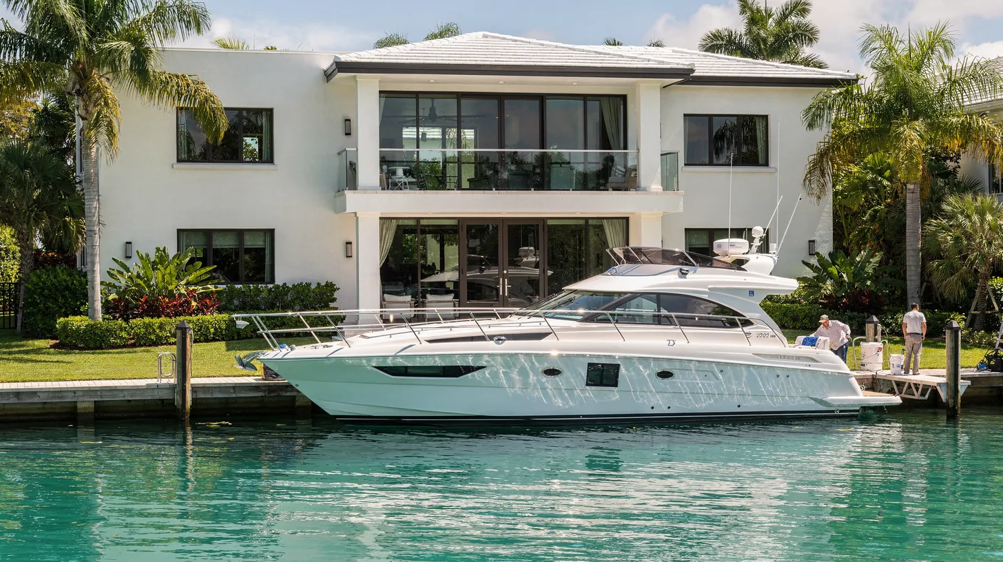 A white modern waterfront home with a motor yacht moored at its private dock on clear turquoise water