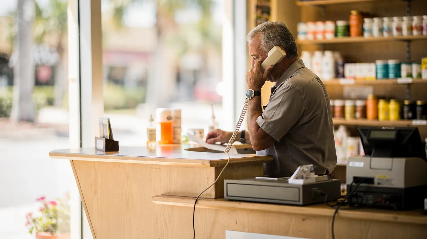 A shop owner taking a call on a corded phone at a sunny counter in a small store, shelves of products behind