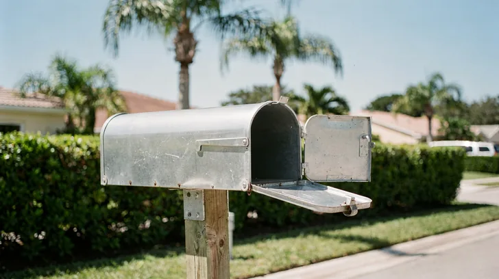 A row of plain metal mailboxes on a post at the end of a Florida residential street in bright morning sun, one small door hanging open and empty.