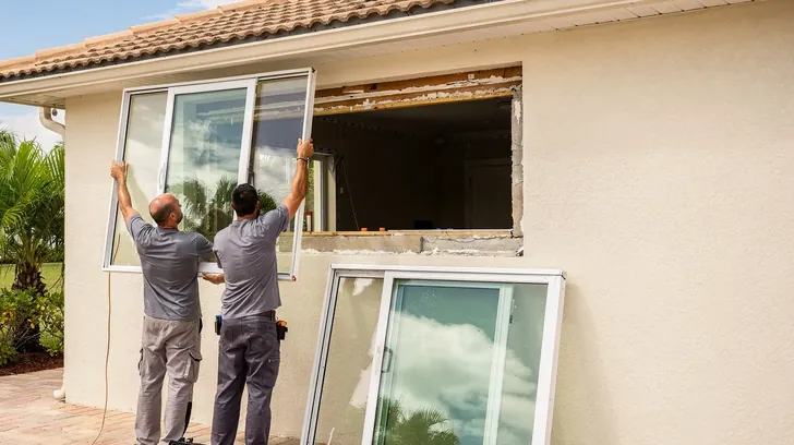 Two installers in gray work shirts, seen from behind, lift a new white-framed window panel beside an open window opening in the stucco wall of a tile-roofed Southwest Florida home, with the old windows leaning against the wall below.