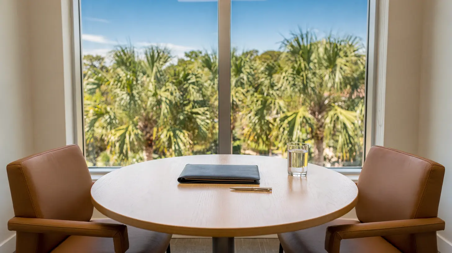 A bright private meeting room in a Naples office, a round wooden table with two leather chairs and a closed leather folio, a tall window behind looking out onto palm trees against a blue sky.