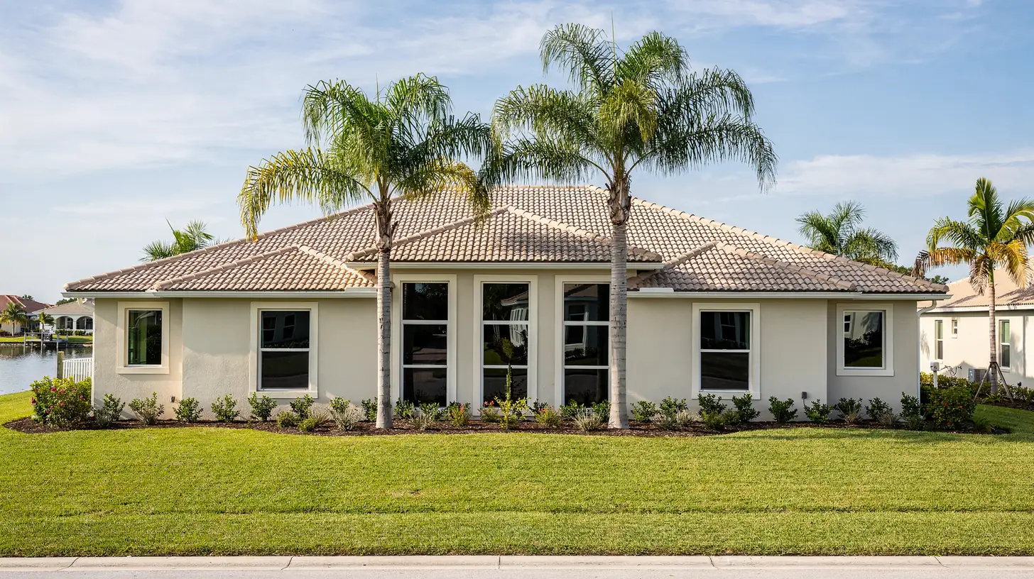 A large single storey Southwest Florida home with a barrel tile roof and tall windows on a bright morning, a manicured lawn and palms in front and a canal visible beyond.