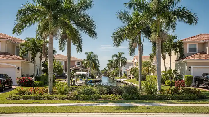 A quiet street of waterfront homes in an established Gulf coast Florida neighborhood, royal palms along the verge and a private dock on the canal beyond.