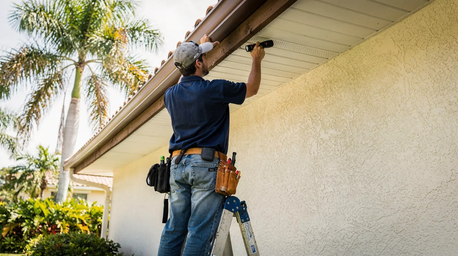 An inspector on a ladder shining a flashlight along the wooden eaves of a stucco home, seen from behind