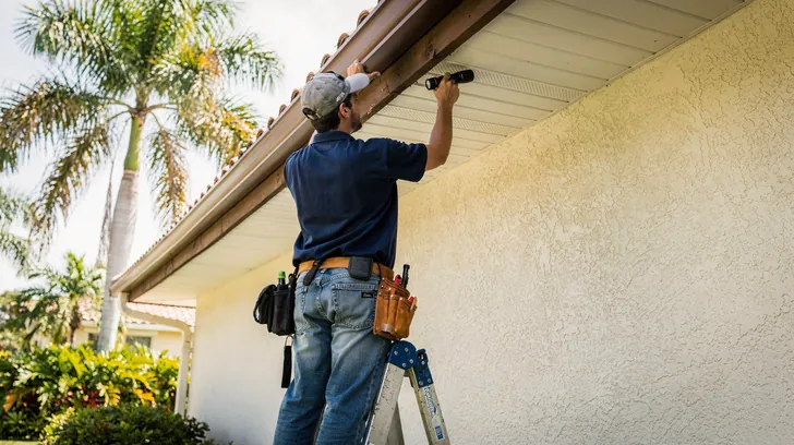 An inspector on a ladder shining a flashlight along the wooden eaves of a stucco home, seen from behind