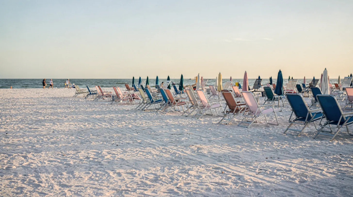 Rows of folded beach chairs and umbrellas on an almost empty white-sand beach in early morning