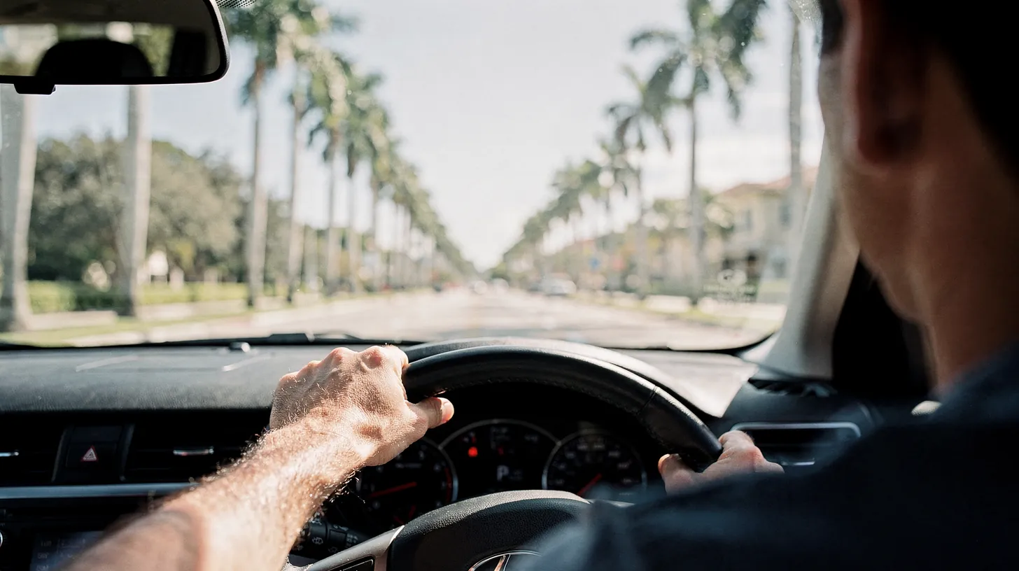 A driver’s hands on the wheel on a straight road lined with tall royal palms, seen from beside the driver