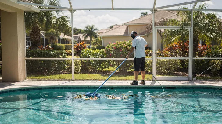 A pool technician skimming leaves from a screened-in pool behind a home, seen from behind
