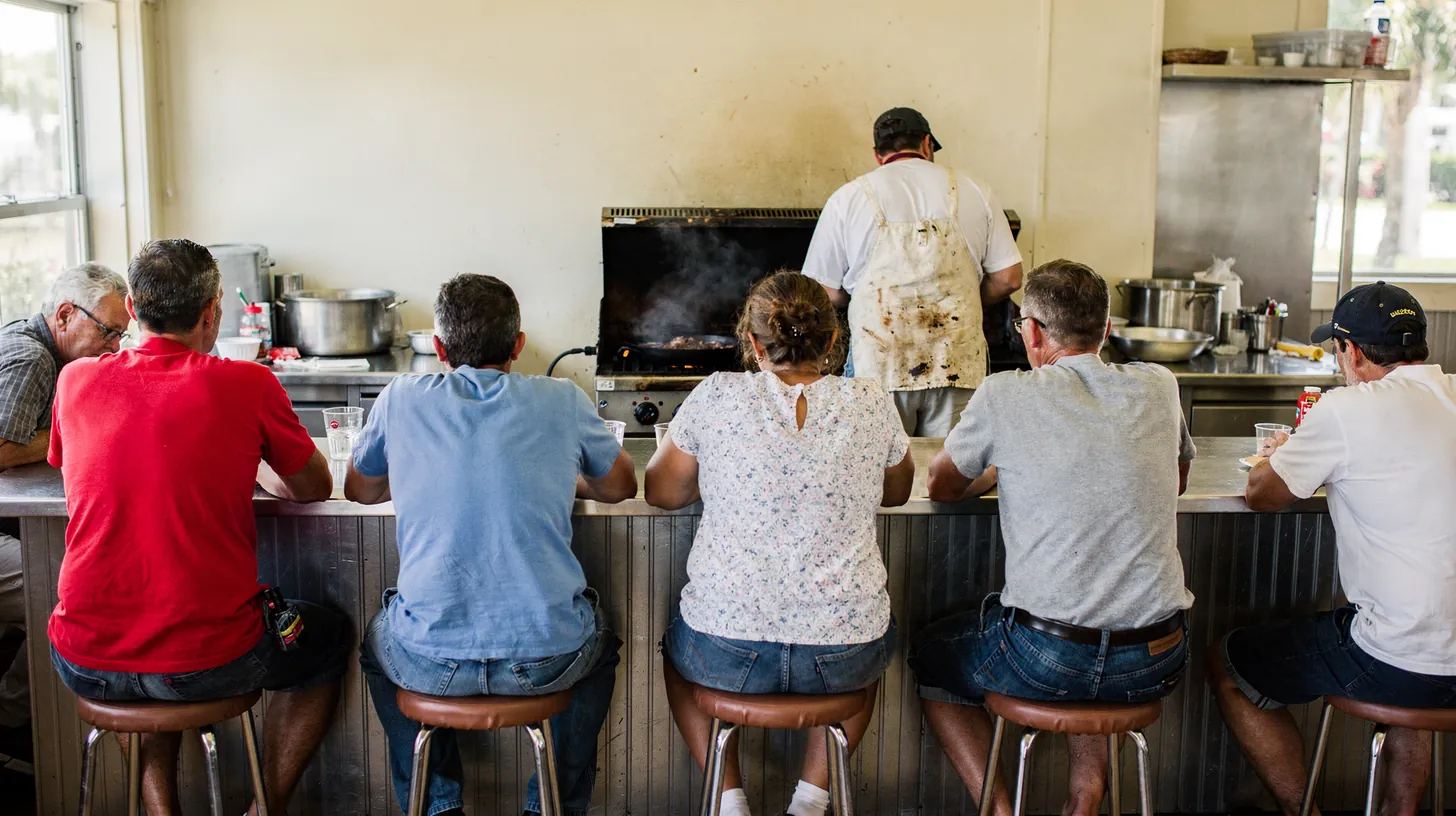 Diners on stools along the counter of a small restaurant watching the cook at the grill, all seen from behind