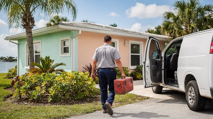 A technician carrying red toolboxes from a white van toward a pastel home by the water, seen from behind