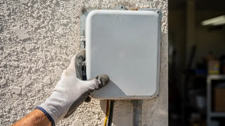 A gloved hand checking a newly mounted plain meter box on a stucco wall