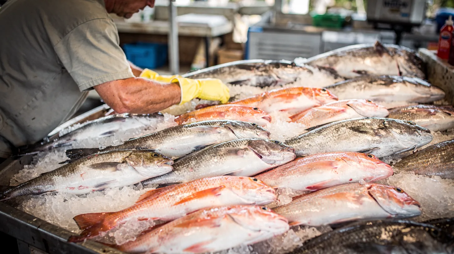 A fishmonger in yellow gloves arranging red snapper and grouper on ice at a market stall