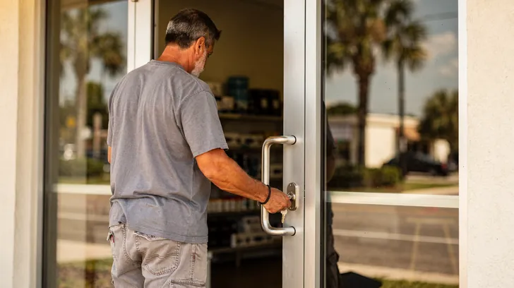 A shop owner opening the glass front door of his store in the morning, seen from behind