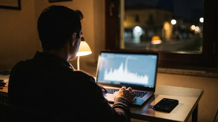A man seen from behind at a desk at night, lit by a lamp, looking at a laptop whose blurred screen shows a line chart with one tall spike, a phone lying beside it.