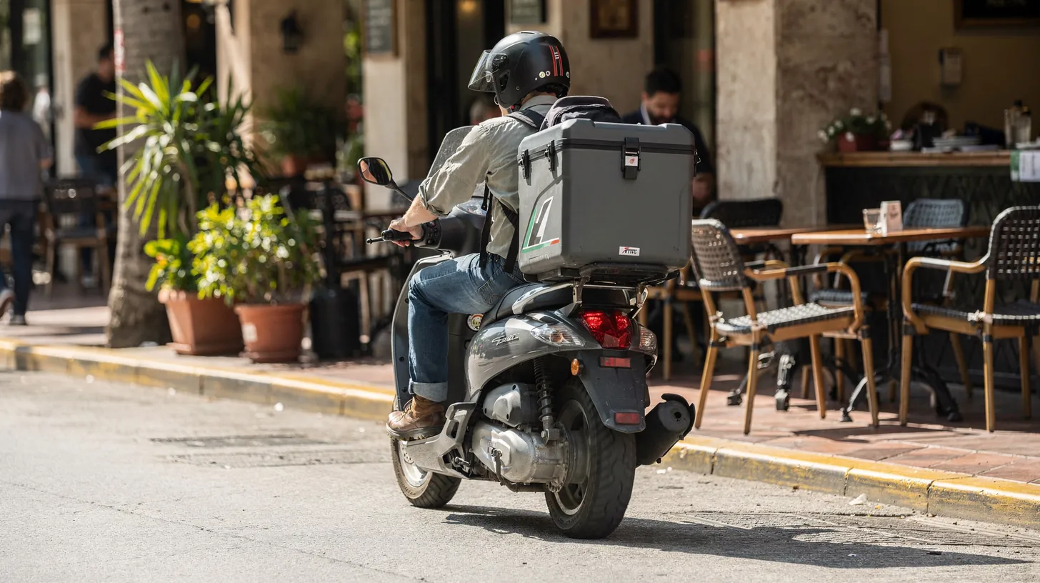 A delivery rider on a scooter pulling away from the curb outside a cafe patio, seen from behind