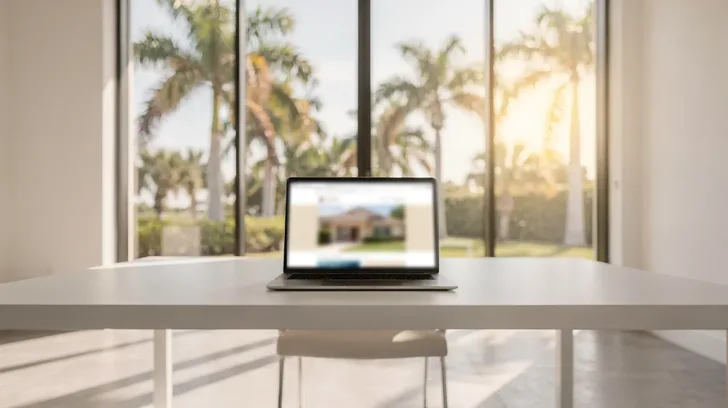 A laptop on a white desk in a bright, empty office with tall windows and palm trees outside, its blurred screen showing a simple website with a photo of a house.