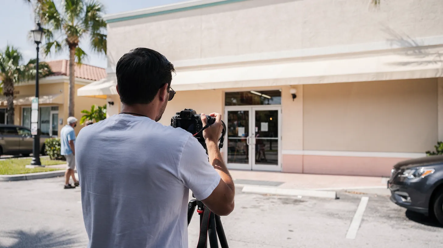 A photographer behind a camera on a tripod photographing a small storefront, seen from behind