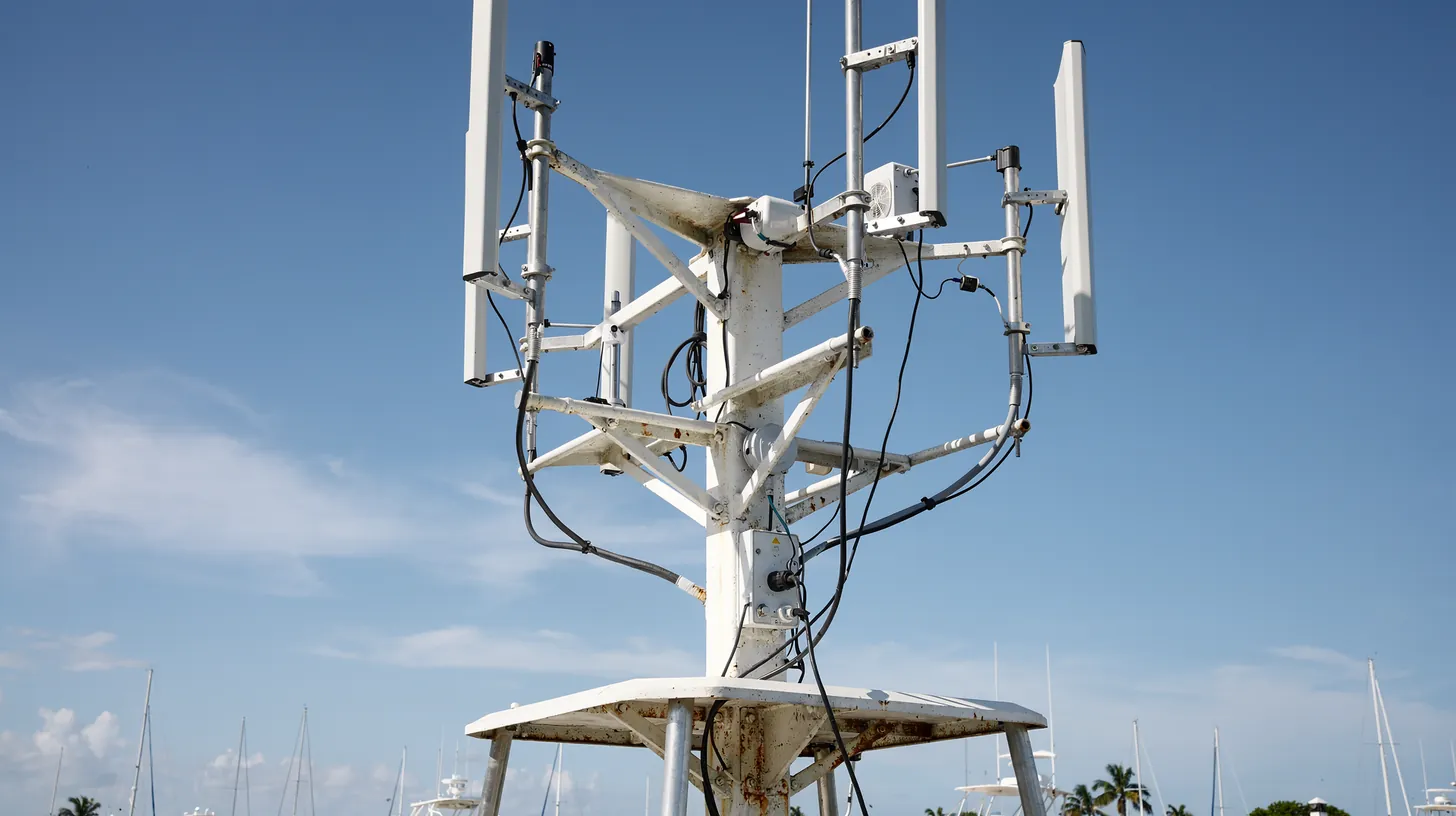 A white mast of radio antennas and receivers against a bright blue sky above a marina