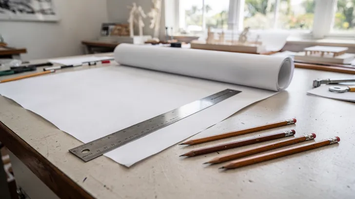 Rolled drafting paper, a steel straightedge and a row of pencils on an architect’s table by a sunny window