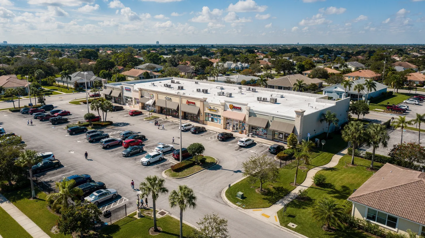 An aerial view of a Southwest Florida shopping plaza and its parking lot, neighborhoods spreading out behind it