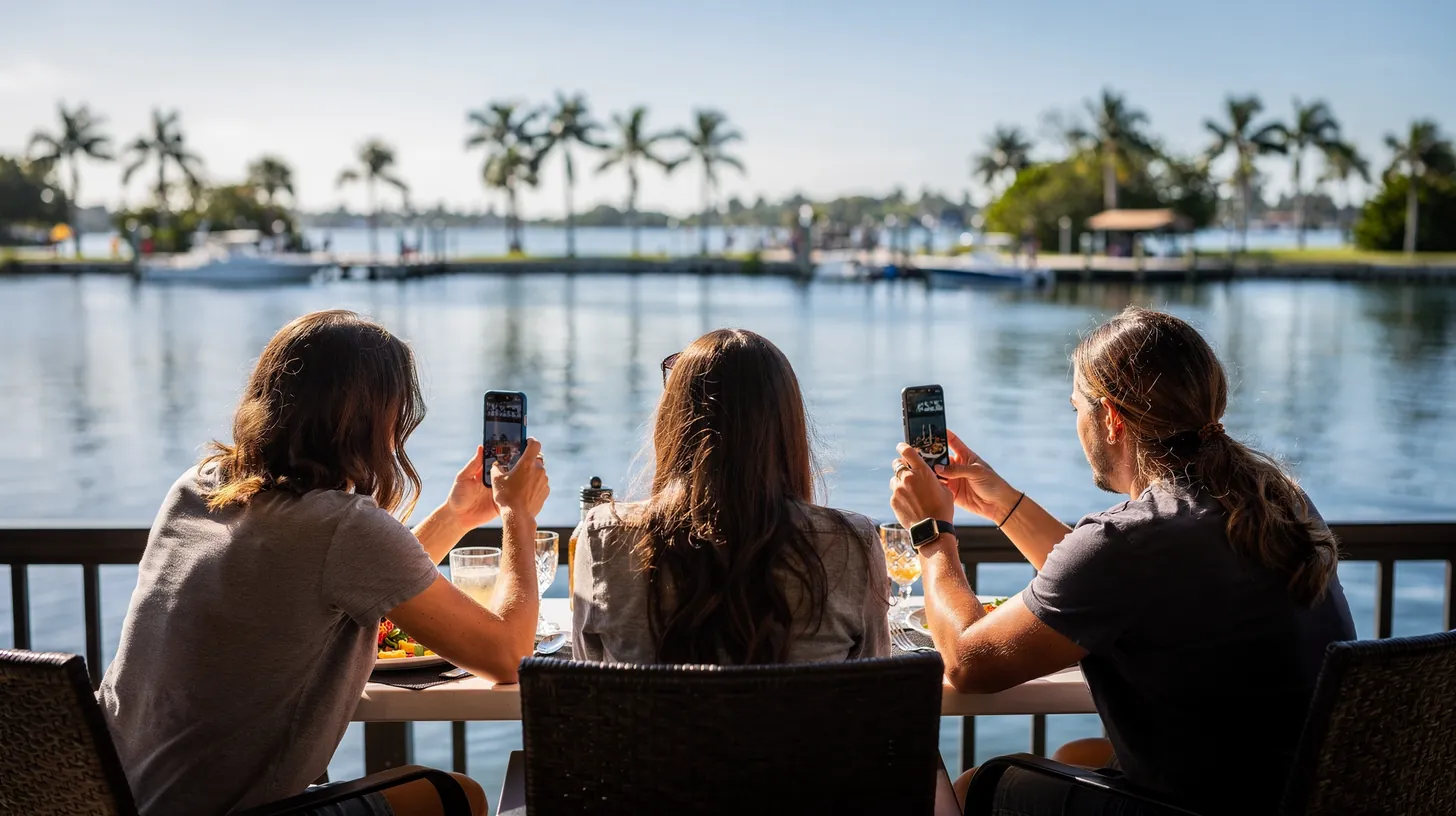 Three friends at a waterfront table photographing their food with phones, seen from behind, palms across the water