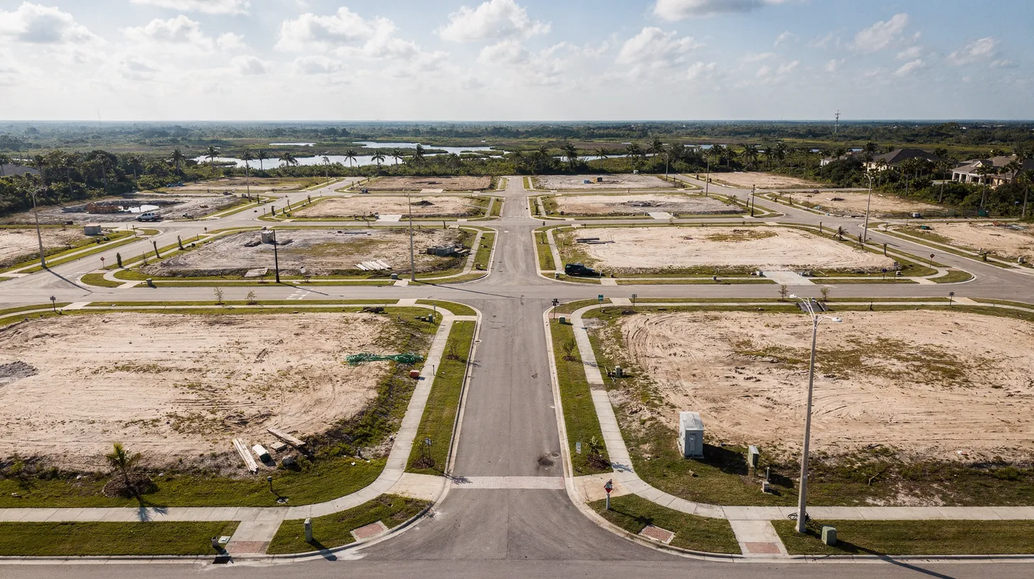 An aerial view of a new subdivision with paved streets and empty graded lots