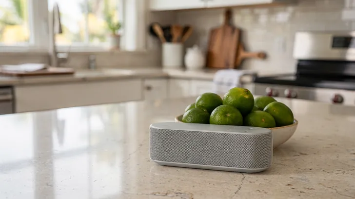 A small fabric smart speaker beside a bowl of limes on a stone kitchen counter in morning light