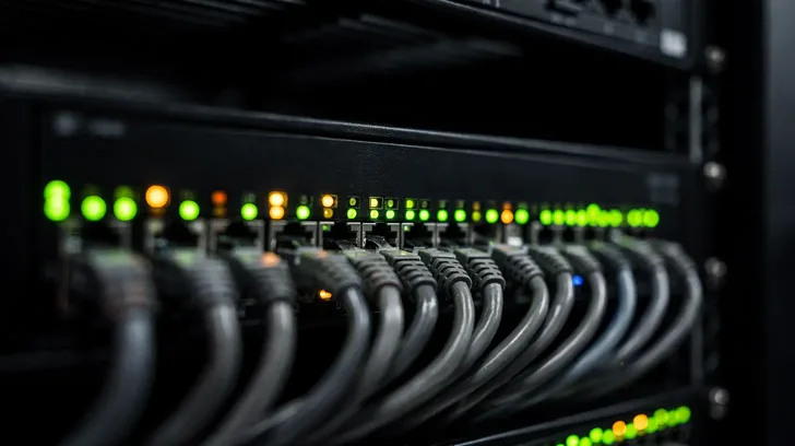 Rows of glowing green and amber status lights above bundled gray network cables in a dark equipment rack.