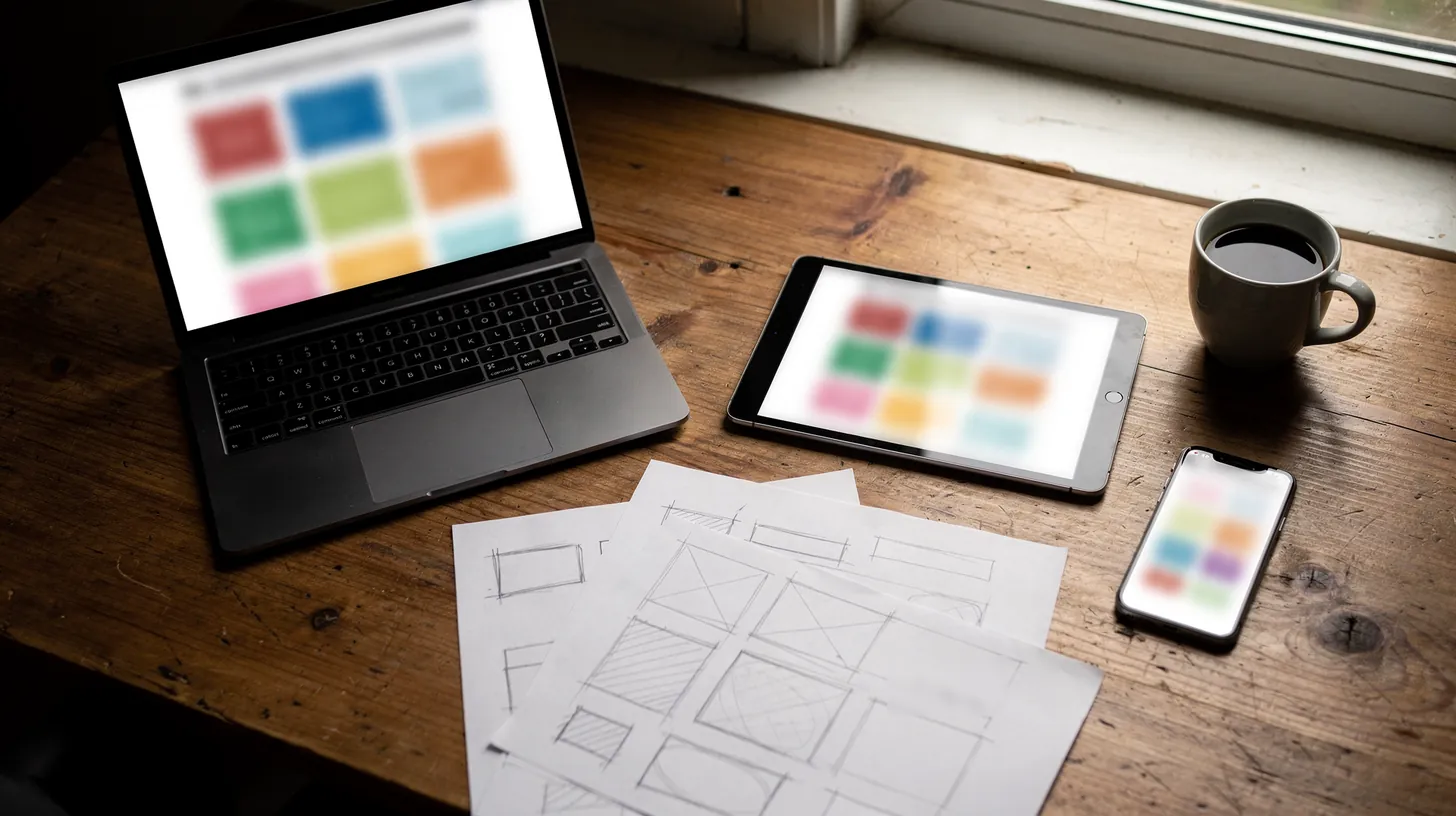 A wooden desk seen from above with a laptop, a tablet and a phone each showing blurred colored website layouts, beside pencil wireframe sketches and a cup of coffee.