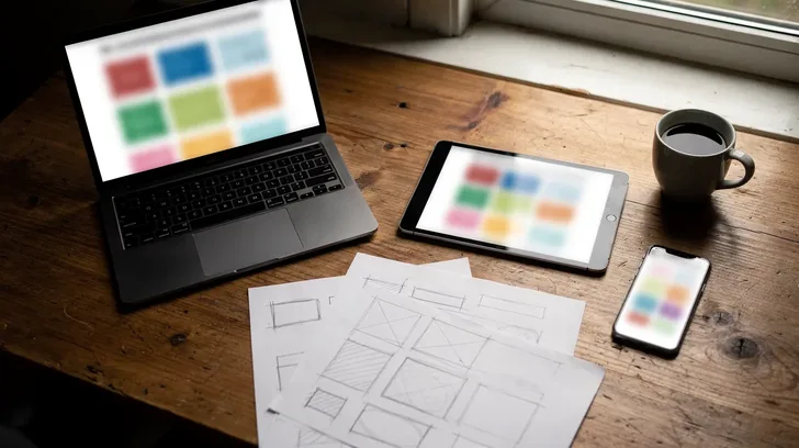 A wooden desk seen from above with a laptop, a tablet and a phone each showing blurred colored website layouts, beside pencil wireframe sketches and a cup of coffee.