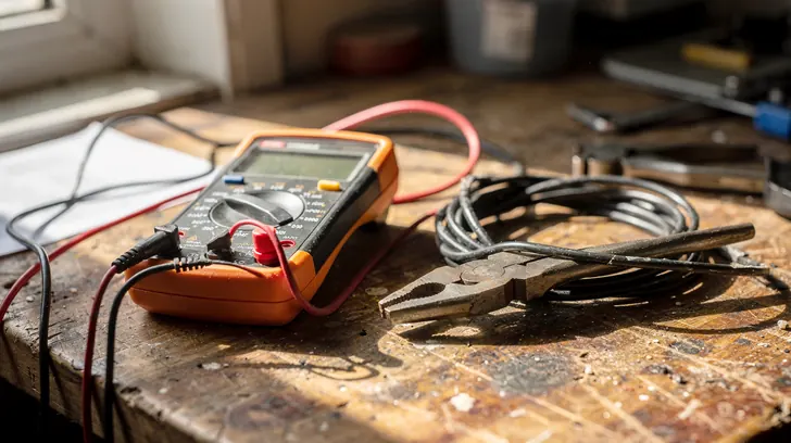 A digital multimeter on a worn wooden workshop bench in window light, its red and black probes across the wood beside a coiled cable and a pair of pliers.