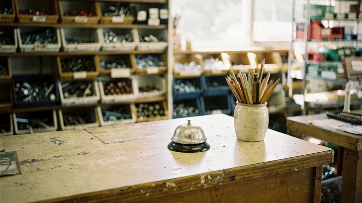 A worn wooden counter with a desk bell and a cup of pencils in front of shelves of parts bins in a hardware store