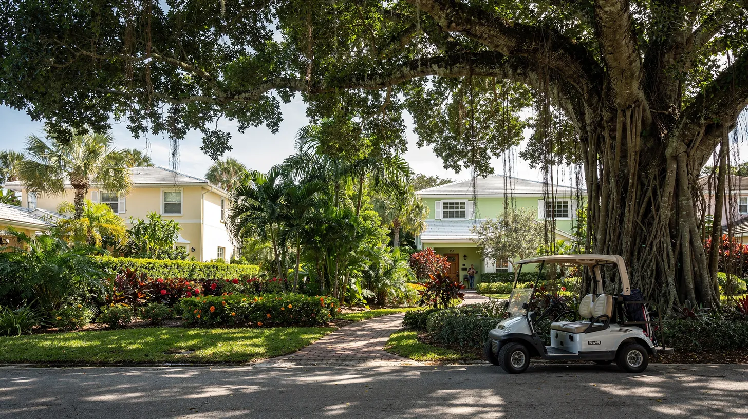 A golf cart parked under the hanging roots of a banyan tree on a quiet residential street of pastel homes