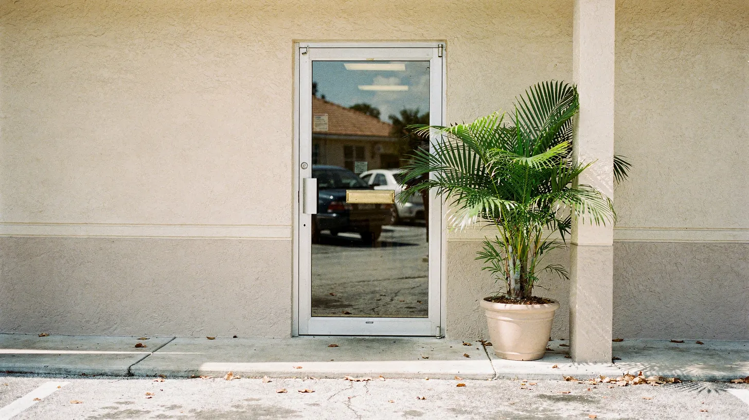 The plain glass door of a small stucco office with a potted palm beside it, parked cars reflected in the glass
